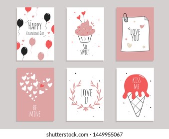  Cute card templates set. Collection of white, red and pink. Valentine's Day card set. Ice cream party design. Cute pink. Illustration card collection 