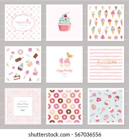 Cute card templates set for girls. Including frames, seamless patterns with sweets. For birthday, wedding, baby shower design.