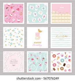 Cute card templates set for girls. Including frames, seamless patterns with sweets. For birthday, wedding, baby shower design.