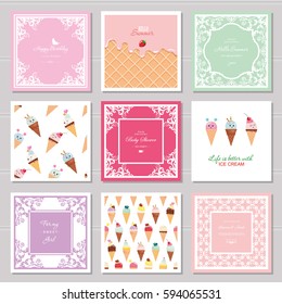 Cute card templates set for girls. Including frames, seamless patterns with sweets.  birthday, wedding, baby shower design.