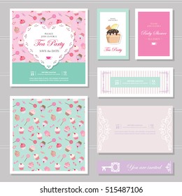 Cute card templates set in pastel colors. For tea party invitation, save the date, baby shower, birthday, Valentine's, bakery design. Seamless pattern with sweets - cupcakes, lollipop, candies.