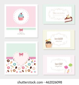 Cute card templates set. For sweet shop, bakery, scrapbook, birthday design.