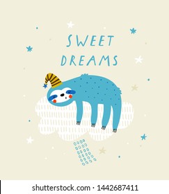 Cute card templates with sloth: Sweet dreams. Hand drawn graphic for typography poster, card, label, brochure, flyer, page, banner, baby wear, nursery. Vector illustration in blue, pink and yellow. 