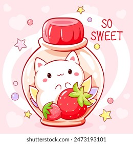 Qué linda tarjeta. Pequeño gato con bayas en botella de vidrio. Gatito kawaii con fresa. Bebida fresca y bebida. Se puede utilizar para la impresión de la camiseta, etiqueta engomada, tarjeta de felicitación. Ilustración vectorial EPS8