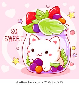 So cute card. Tiny cat with berries in glass bottle. Kawaii kitty with strawberry and blueberry. Fresh Beverage and Drink. Can be used for t-shirt print, sticker, greeting card. Vector EPS8