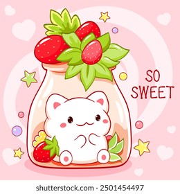 So cute card. Tiny cat with berries in glass bottle. Kawaii kitty with strawberry. Fresh Beverage and Drink. Can be used for t-shirt print, sticker, greeting card. Vector illustration EPS8