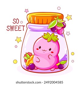 So cute card. Tiny monster with berries in glass bottle. Kawaii little happy baby monster with blueberry. Fresh Beverage and Drink. Can be used for t-shirt print, sticker, greeting card. Vector EPS8