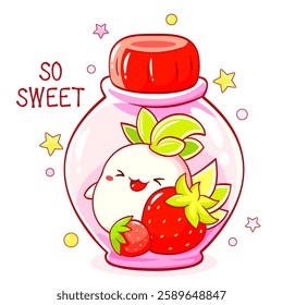 So cute card. Tiny monster with berries in glass bottle. Kawaii little happy baby monster with strawberry. Fresh Beverage and Drink. Can be used for t-shirt print, sticker, greeting card. Vector EPS8