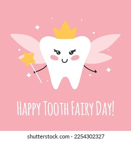 Cute card for tooth fairy day. Vector illustration. Flat cartoon style. tooth fairy in kawaii style.