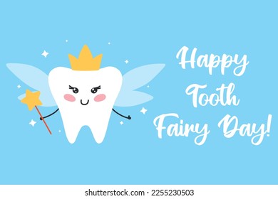 Cute card for tooth fairy day. Vector illustration. Flat cartoon style. tooth fairy in kawaii style.