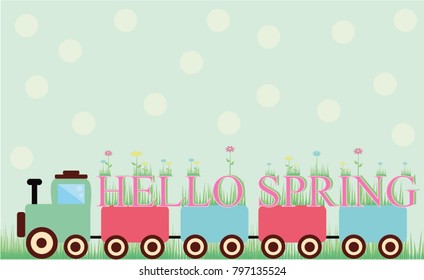 Cute card with a train carrying a hello spring sign