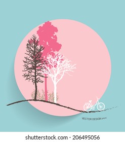Cute card with trees background, vector illustration.
