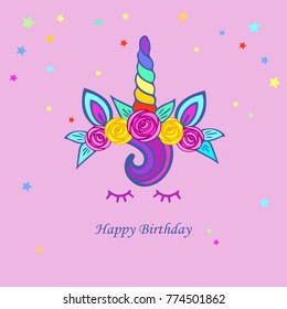 Cute Card mit Unicorn Tiara, Regenbogenhorn und Blumen. Vorlage für Party Einladung, Gruß und Liebe Sie Karte. Vektorgrafik-Einladung einzeln auf rosafarbenem Hintergrund. Postkartenmotiv.