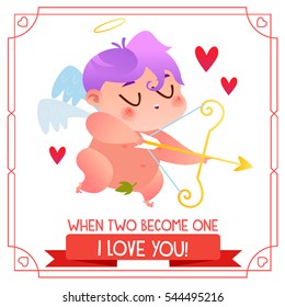 Cute card for Valentine's Day. Cartoon angel in flat style.