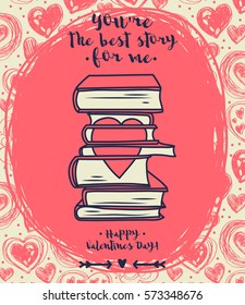 Cute card for valentines day, doodle stack of books with heart,  vector illustration