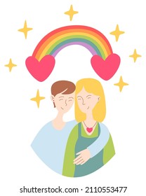 Cute card for Valentine's Day  hand draw lesbian  bi couple  rainbow and heart   sparks 