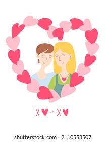 Cute card for Valentine's Day  hand draw lesbian  bi couple in frame hearts 