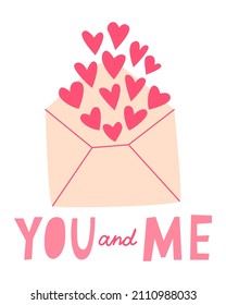 Cute Card For Valentine's Day, Hand Draw Cute Envelope With Heart, Lettering YOU And ME. Vector Illustration For Typography.