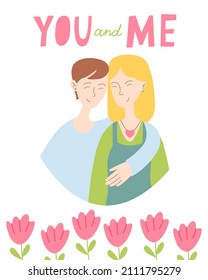Cute card for Valentine's Day  hand draw cute lesbian  bi couple and flower   lettering YOU   ME 