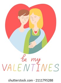 Cute card for Valentine's Day  hand draw lesbian  bi couple and lettering be my valentines 