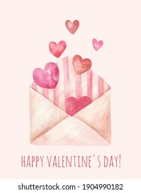 cute card for valentine's day, heart in envelope, illustration on white background