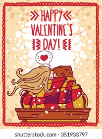 cute card for valentine's day with kissing couple, vector illustration