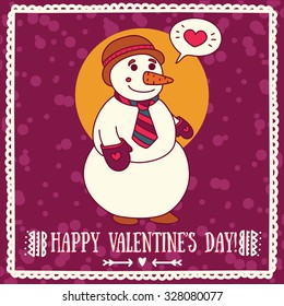 cute card for valentine's day with lovely snowman, vector illustration