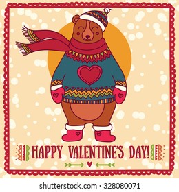 cute card for valentine's day with smiling bear, vector illustration