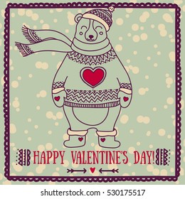 cute card for valentine's day with smiling bear, vector illustration