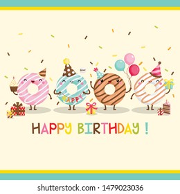 A Cute Card Vector of Cheerful Donut Celebrating Birthday with Many Gifts and Balloons