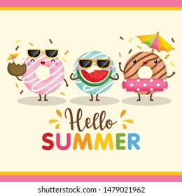 A Cute Card Vector of Colorful Donut using Summer Items Happily
