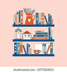 Tarjeta de corte con ilustración vectorial de la estantería de libros, pila de libros, jarra, plantas, taza. Diseño plano. Arte clip moderno creativo para el Día Mundial del Libro. Acogedor interior de habitación con detalles diferentes.