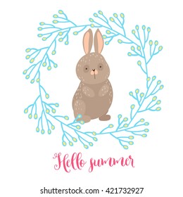 cute card with vector rabbit and wreath frame