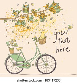 Cute card in vector. Retro bicycle with cute dog under the branch with flowers and owl in pastel  colors