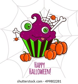 Cute  card with violet monster cupcakes and pumpkins for Halloween. Vector illustration.