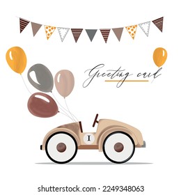 cute card watercolor happy birthday retro car in pastel colors with balloons. Greeting retro car