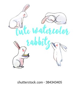 cute card with watercolor rabbits. Easter bunnies