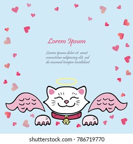 Cute card with white Cat, pink angel wings. Template for St. Valentine's Day/invitation/party/Mother day/birthday/baby birth/greetings card. Japanese Maneki Neko white cat isolated on background.