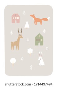 Cute card with Wild forest animals, trees, houses in cartoon flat style. Forest landscape, hand-drawn card, poster for nursery design. Deer, fox, hare, village, winter woodland. 