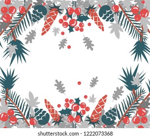 Cute card. Winter  time. Different fir cone, pine needle, leaves, berries, in a simple graphic style. Transparent background. Scandinavian style. Vector