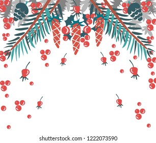Cute card. Winter  time. Different fir cone, pine needle, leaves, berries, in a simple graphic style. Transparent background. Scandinavian style. Vector