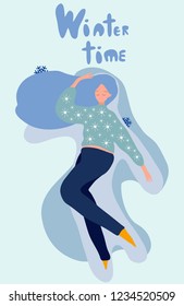 Cute card. Winter time. Snow sweetie girl. Blue background. Vector