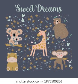 Cute card with wishes of sweet dreams with animals like giraffe, hippopotamus, bear, monkey and kuala as well as the starry sky. Vector illustration 