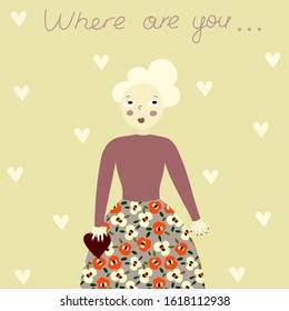 Cute card with young woman holding heart and thinking about her valentine. Vector illustration in hand drawn style for Valentines Day. Cute portrait.