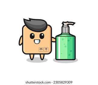 cute cardboard box cartoon with hand sanitizer , cute style design for t shirt, sticker, logo element