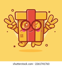 cute cardboard box character mascot with peace sign hand gesture isolated cartoon in flat style design