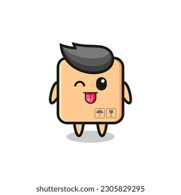 cute cardboard box character in sweet expression while sticking out her tongue , cute style design for t shirt, sticker, logo element