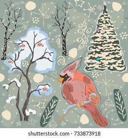 Cute Cardinal in Woodland. Merry Christmas/Winter Collection. Colorful Unique Design. Vector Illustration.