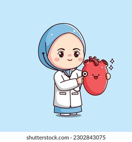 Cardióloga cutánea hijab doctora sosteniendo el corazón kawaii chibi de perfil plano