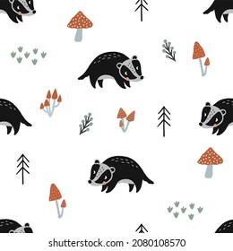 Cute cardoon Badger vector illustration.Character Badger and mushrooms  in forest  - seamless pattern